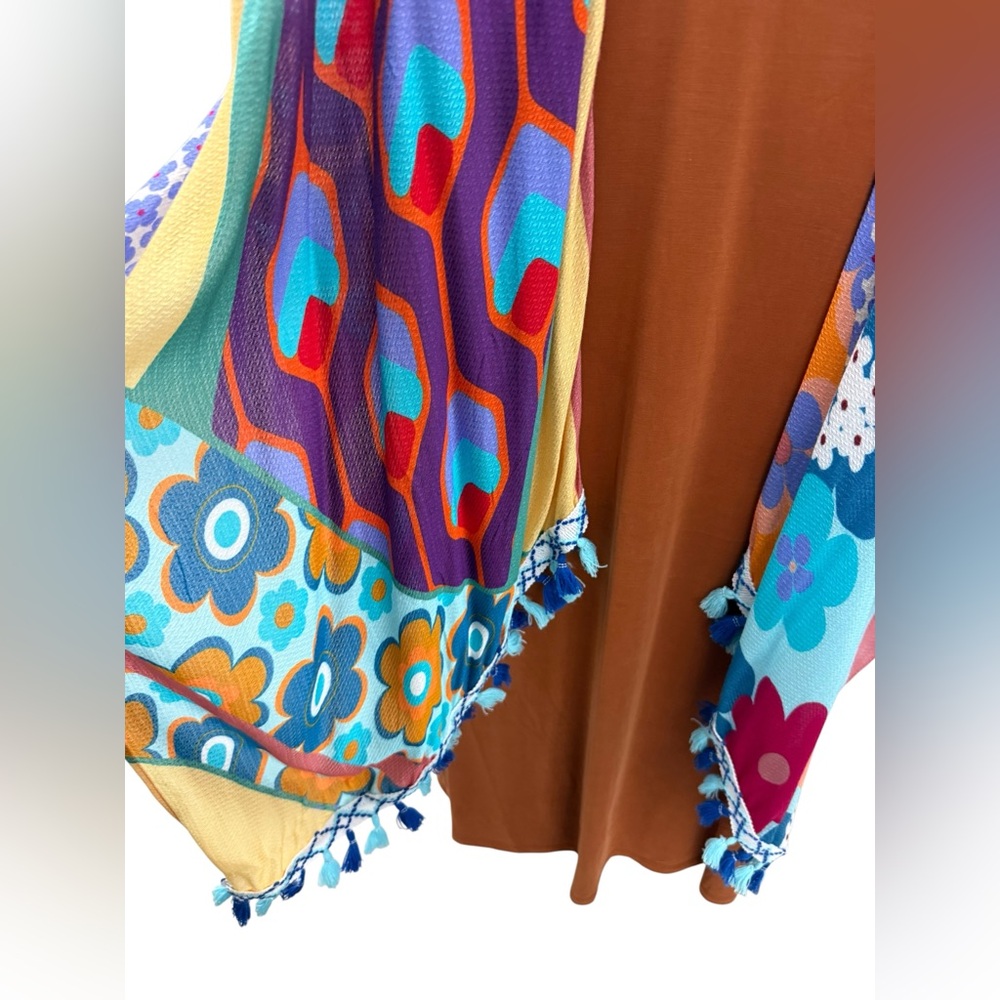NWT kimono Ruana tassels exotic viscose soft flowy 60s psychedelic flower child - Picture 10 of 16
